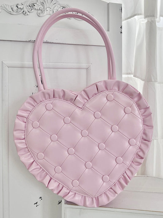 Bag Heart Quilted Trim Elegant – Style Pink Lolita Ruffle Handheld Purse
