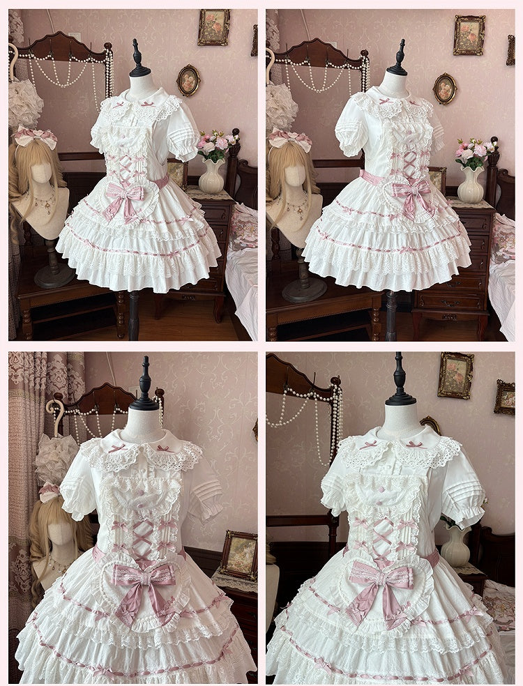 Decorated Self-tie Bow Sweet Lolita White Heart Apron and Pink