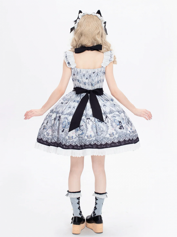 in Wonderland Theme Bunny Sweet Lolita Jumper Print Skirt and Alice Kitty Dress