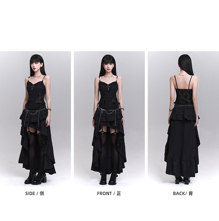 with Beaded Black Lace Patches Waist Cross Decorated Cami Top Chains