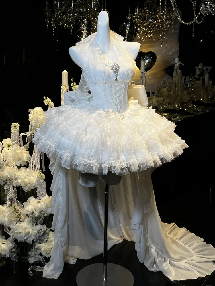 White Basque Waist Self-tie Lace Halter Neck Hanayome Lolitacore Dress