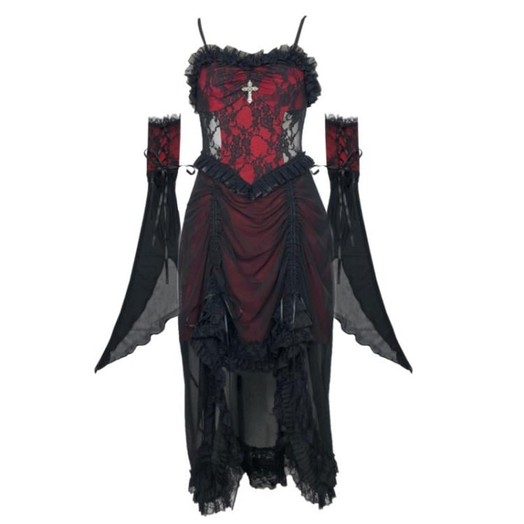 Schwarzes und weinrotes Vampir-Gothic-Kleid, Spitzenkleid mit Kordelzug und Handschellen-Set