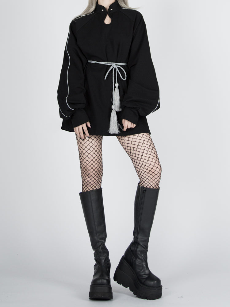 Tassel Black Reflective Sweatshirt with Qipao-Style Cyberpunk Belt