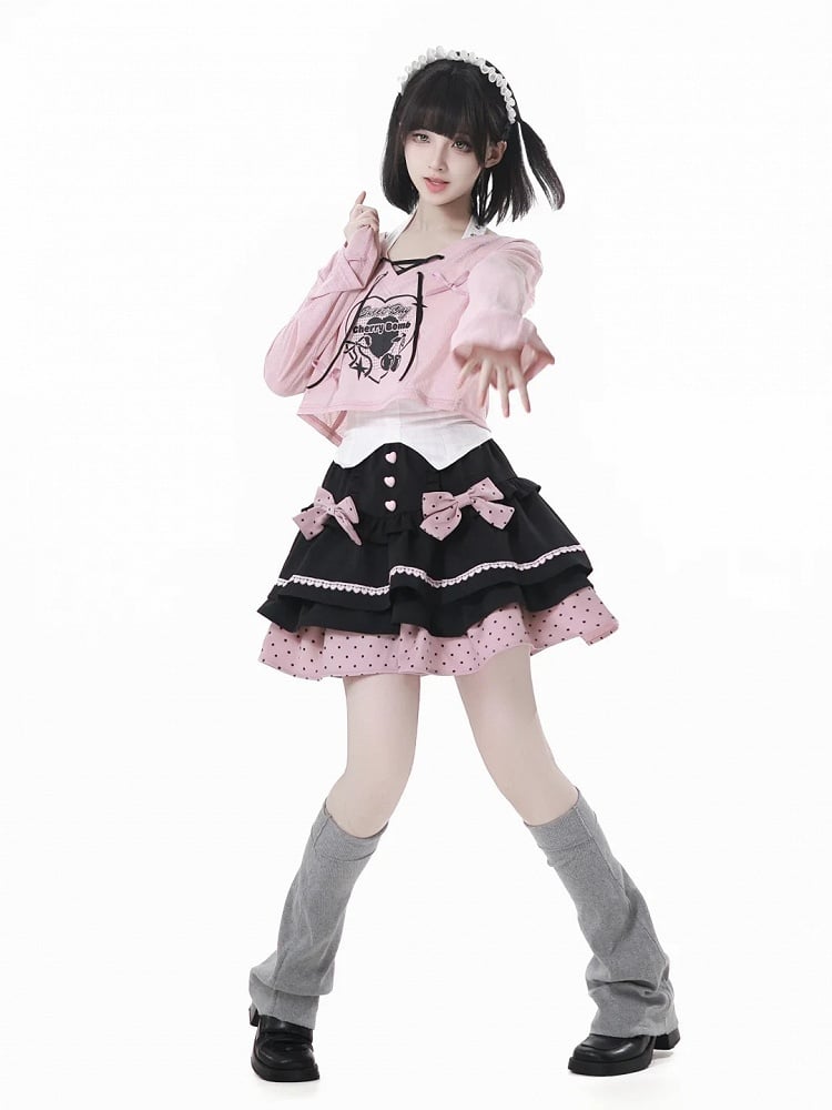 Tiered Skirt with Detachable Bows Black and Pink Polka-dot Pattern