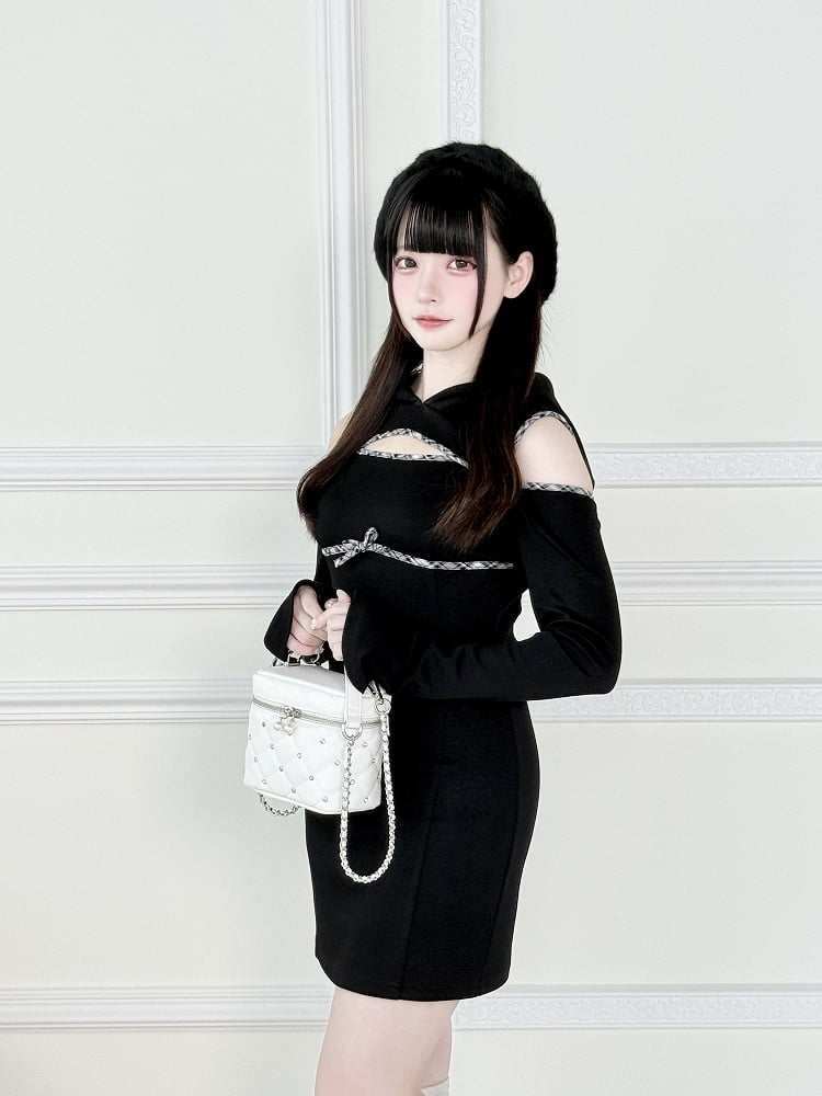 with Jirai Kawaii Kei Dress Chest and Shoulder Black Daily Hoodie Above-Knee Cutouts