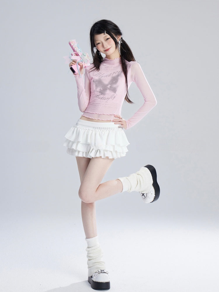Mini Tiered Skirt Beige Low Balletcore Waist