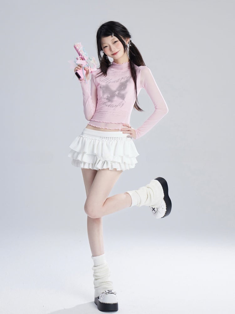 Pink/White Semi-sheer Top Butterfly Print Lettuce Hem Mesh