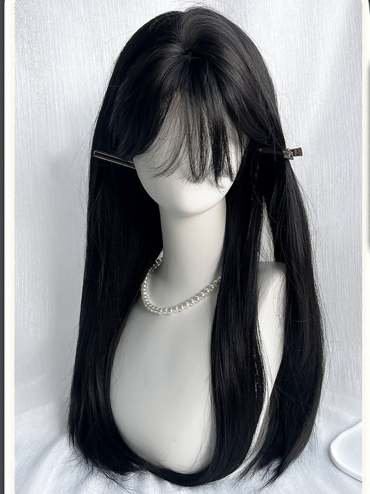 Bangs 68CM Length Straight Black Wig With