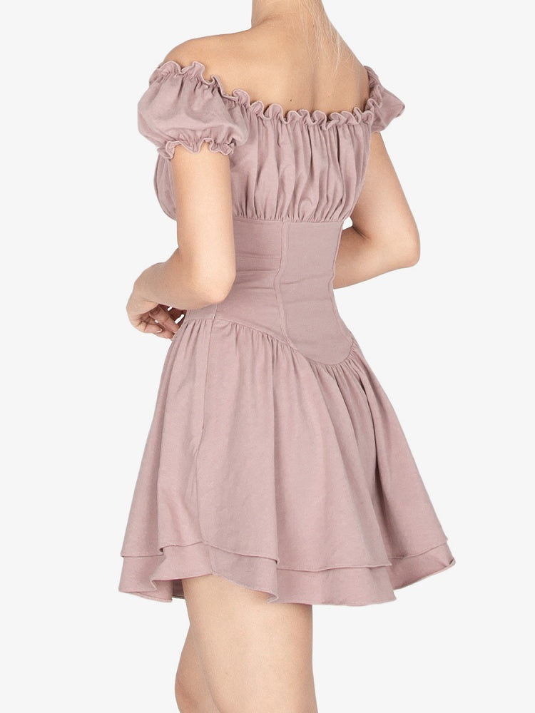 Dusty Pink Ruffled Off-the-shoulder Neckline Short Puff Sleeves Mini Dress