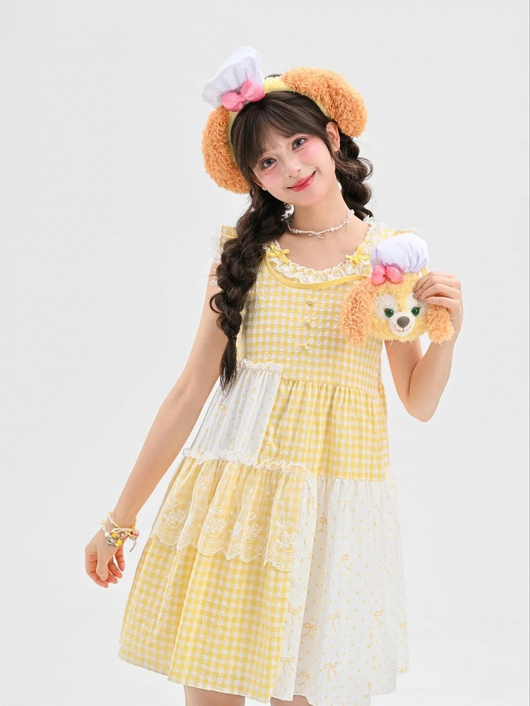 Plaid Dress Tiered Yellow Patchwork Design Flutter Sleeves Sweet