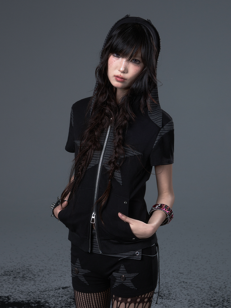 Low-Rise Black Punk Knit Shorts With Vintage Star Stripes Hand-Sewn Details