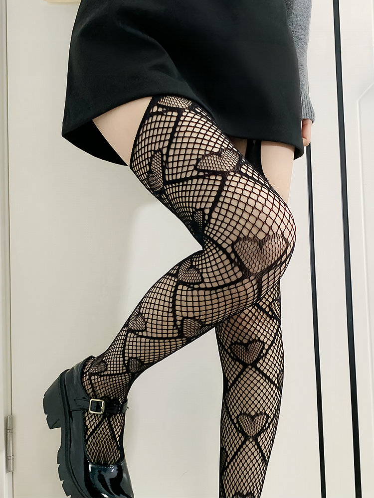 Milchweiß/Hellkaffeebraun/Schwarze Netzstrumpfhose mit Herz-Print
