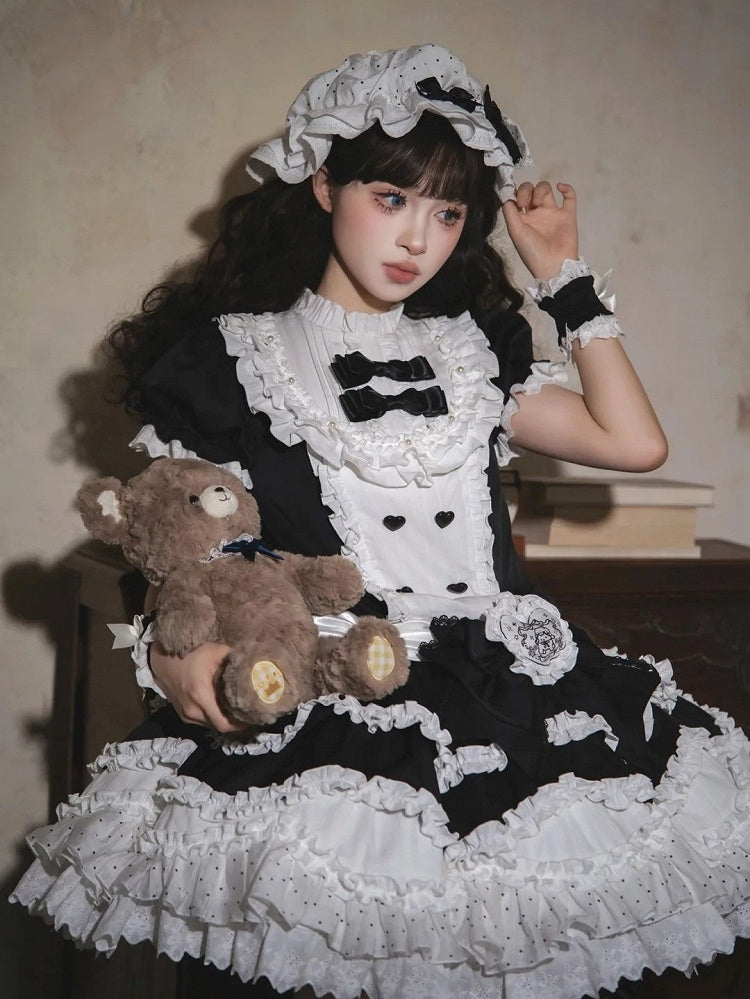 Black Embroidery Ruffle Neckline Layered and Sweet Lolita with Lamb White Bow Dress Accents
