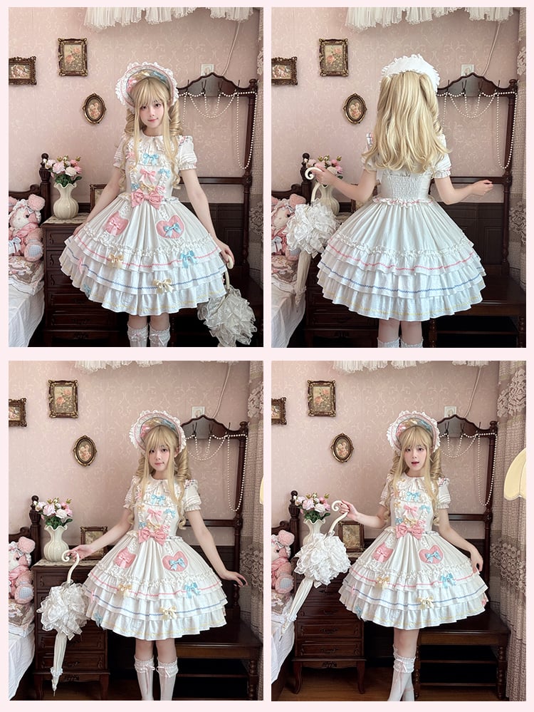 Bowknots White Macaron Color Ruffled Lace Trim Bonnet