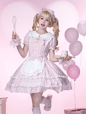 Lolita Dress Piece Accents School Pink Peter Pan Collar Bowknot Light Old One