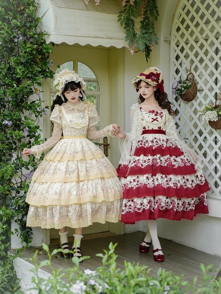 Lily Cherry – Gestuftes Blumenkleid, Lolita-Rock, Pullover, Gelb und klassischer Aufdruck