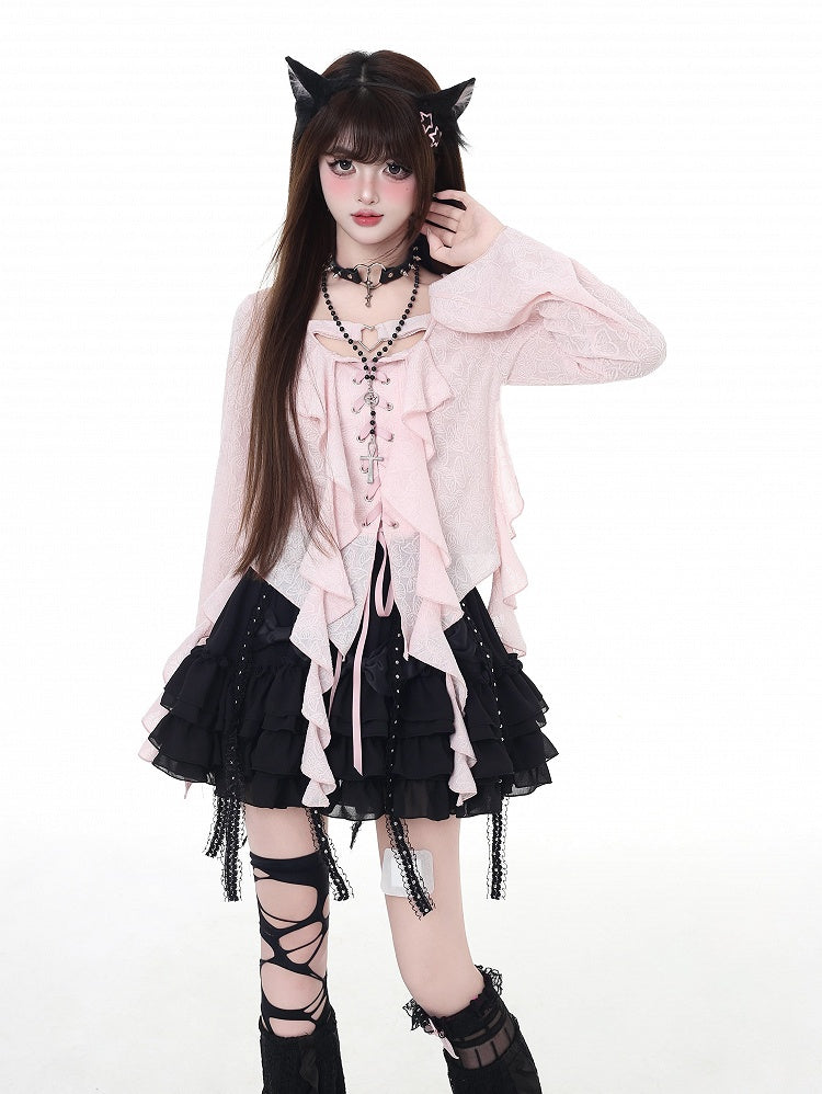 Asymmetrical Ruffled Placket Hem Chiffon Top Pink Lace-up Black/Light