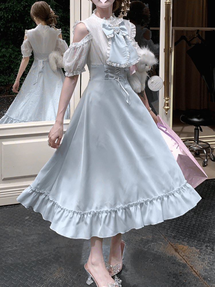 High-Waisted with Blue Light Landmine Maxi Shoulder Open Style Dress