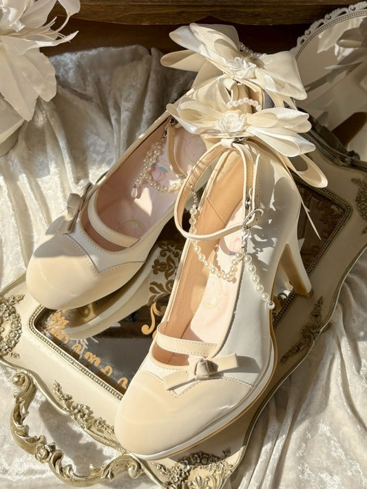 Beaded and Shoes Lolita PU Back Leather Lace with Chain Detachable High-heel Bow Elegant - Apricot Trim White