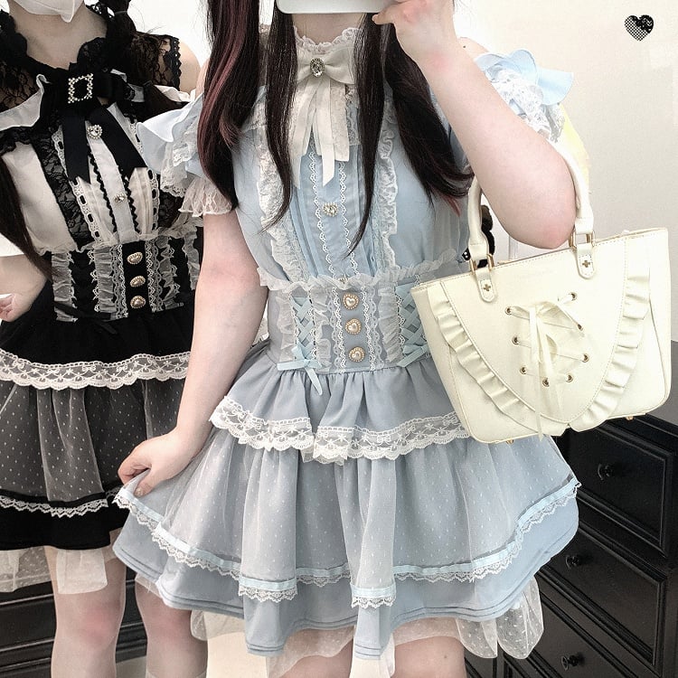 ウエスト スイートハートボタントリム ハイレース ブラック/ピンク/ブルー