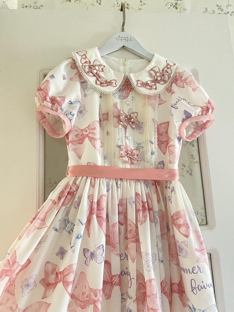 Rosa Lolita-Kleid mit Schleife und Peter-Pan-Kragen, Schleifen und Schmetterlingsdruck, einteilig