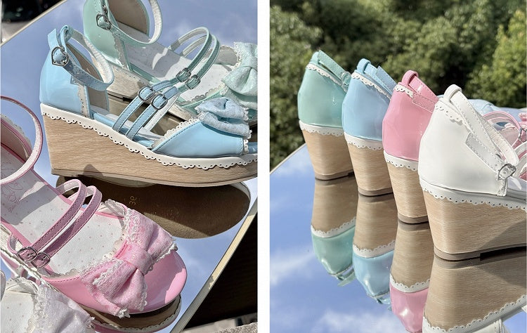 School Old White Wedges Sandals Bow Top Sweet at Lolita