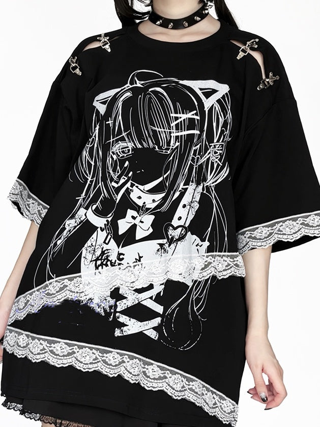 and Fastener Shoulder Anime Girl Graphic T-Shirt Black Decorative Black White / with Lace Embellishment Purple