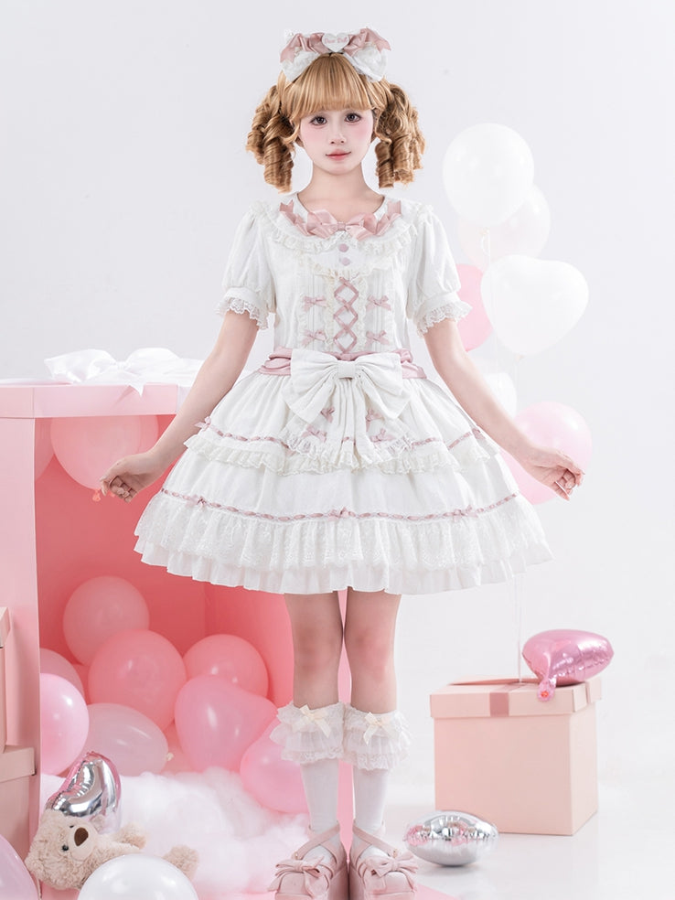 Hime Pink and Peter Pan Collar Tiered Skirt Balletcore Lolita Dress White OP
