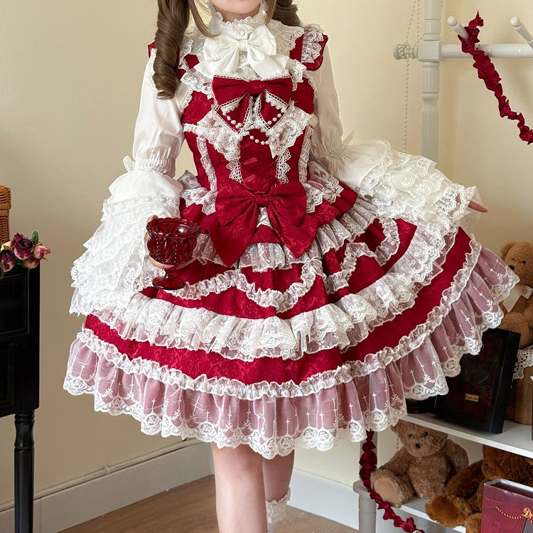 Decorated Bows Skirt Jumper White Lolita Lace Dress Hanayome Red Trims