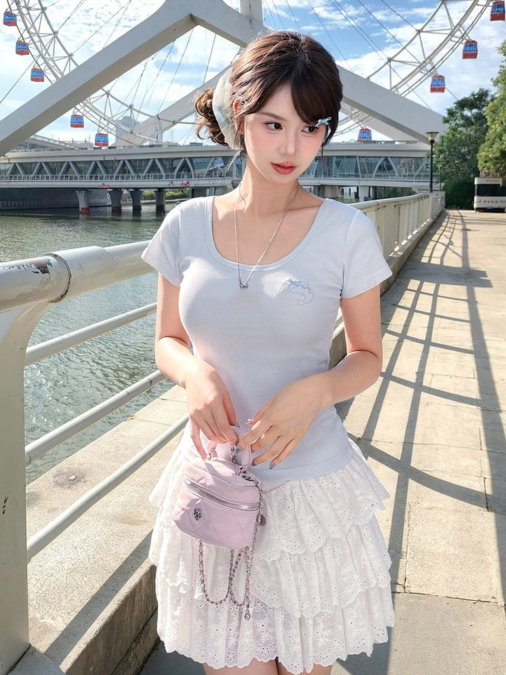 Blue Scoop Neckline T-shirt Dolphin-shaped Cutout Back