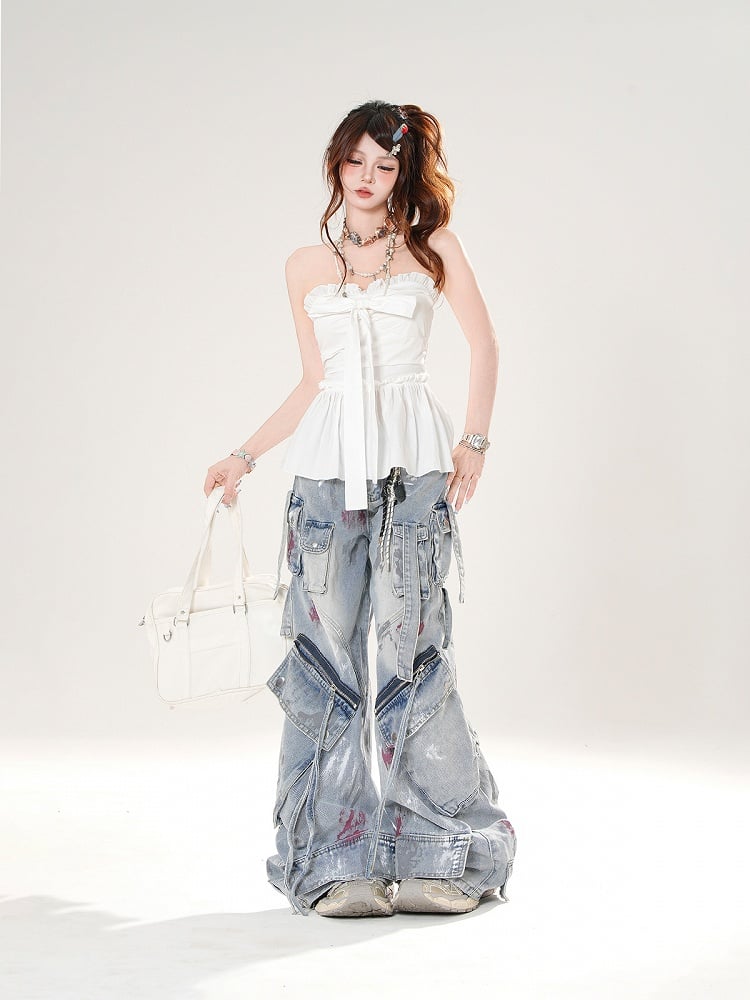 Big Bow Neckline White/Blue Strapless Top Plaid