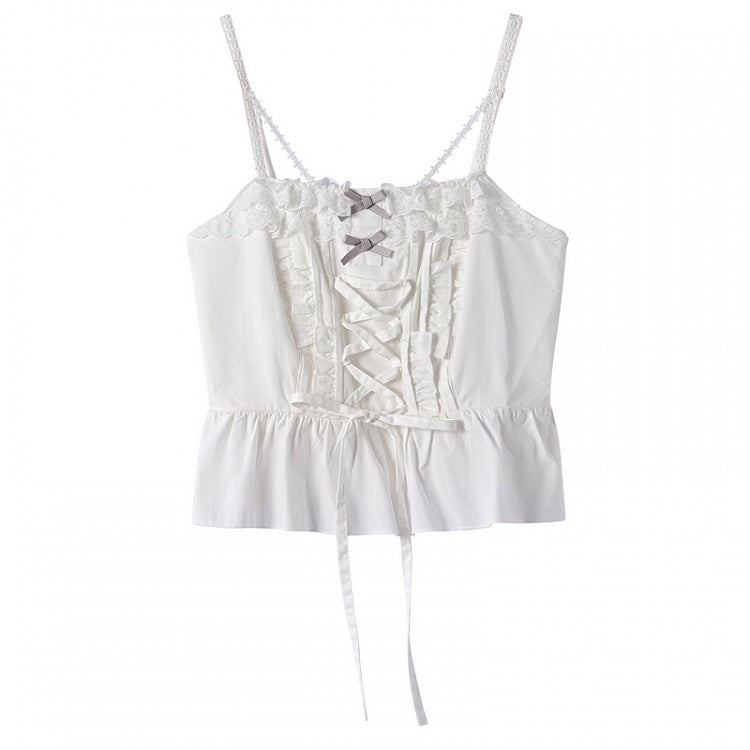 at White Ruffled Lace Trim Cami Top Details Lace-up Front with Bowknot Detail
