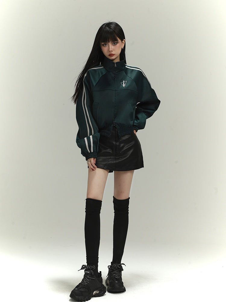 Dunkelgrüne Buchstabenstickerei Acubi Fashion Vintage Baseballjacke