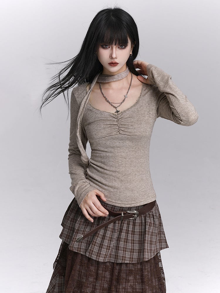 Oatmeal Top U-Neck Button Ruches with Matching Neck Strap Gray