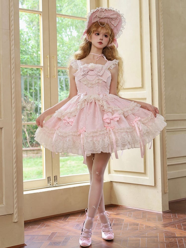 Fabric Pink Lolita Sweet Dress Bow Jacquard Accents Jumper Skirt