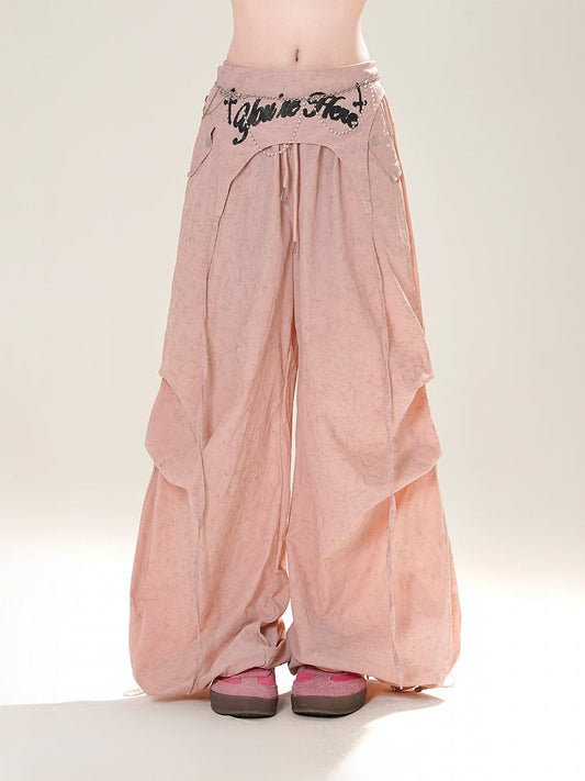 Accessory Pink/Gray Drawstring Wide-Leg Pants with Waist