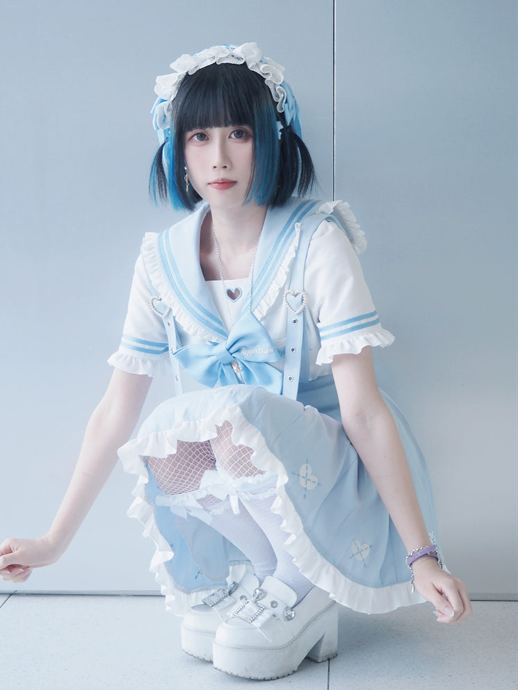 Jirai Kei Overalls Light Blue Heart Front Embroidery Lace-up