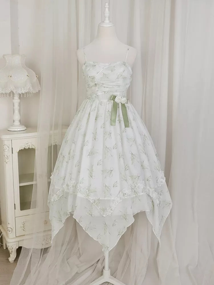 Light Green Lily of the Valley Print Handkerchief Hem Dress + Bolero