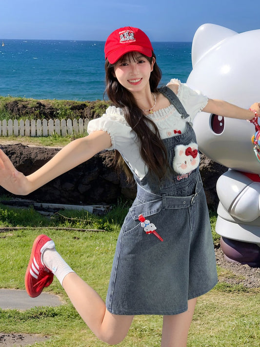 Heart Shorts Plush Kitty Denim Dark Blue Faded Buckle Wash Belt Overall with