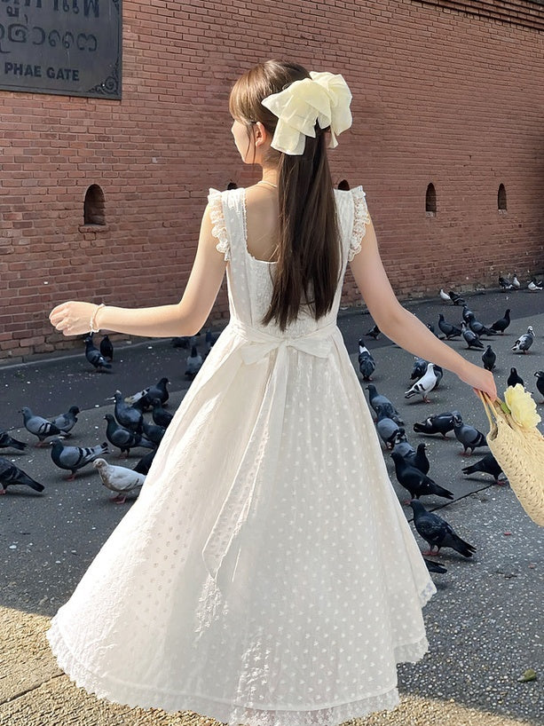 Elegant White Square Neck Flutter Sleeves Lace Sleeveless Self-tie Bow with Dress