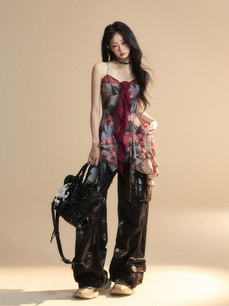 Painting Red Oil Cami Top Asymmetrical Flounce Embellished Hem Floral Glamorous