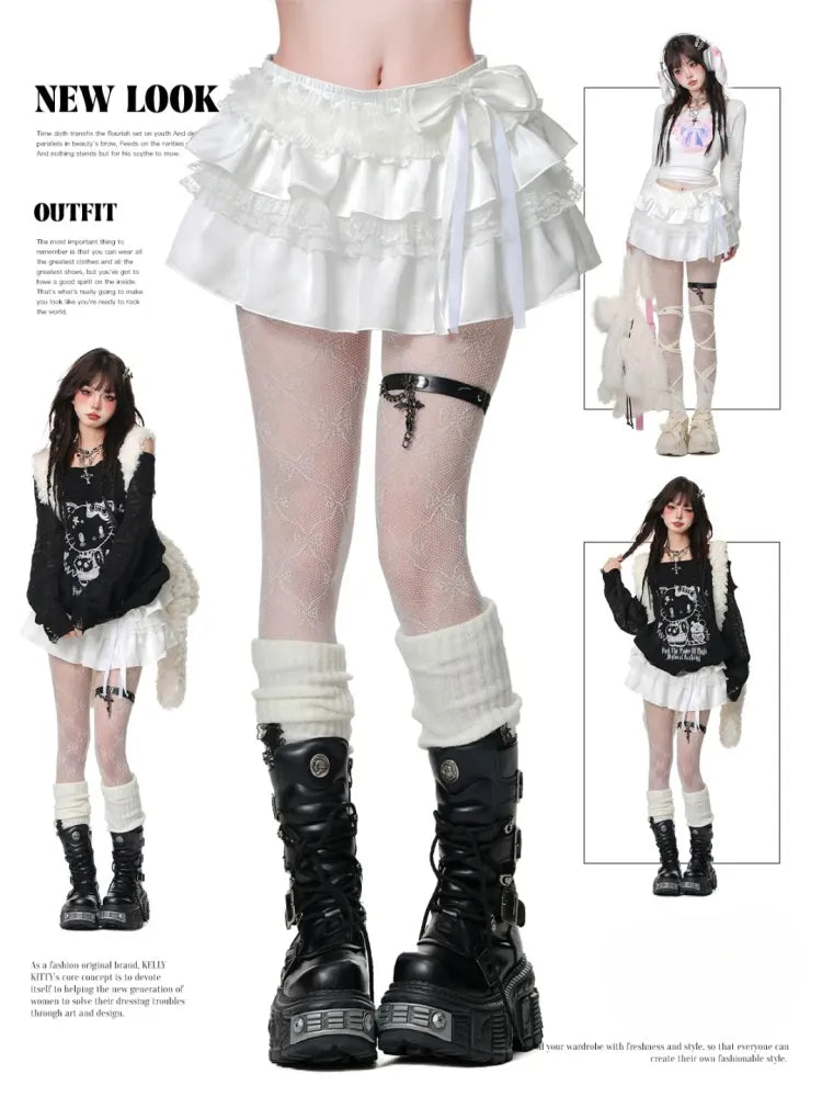 White Bowknot Detail Tiered Skirt
