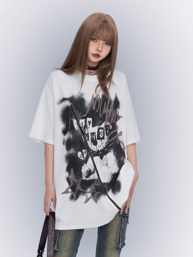 White Round Neck Printed Loose T-Shirt with Zipper Detail
