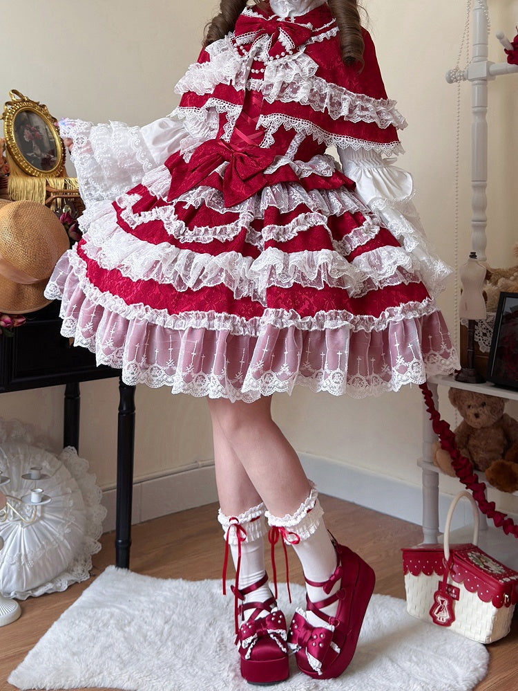 Decorated Bows Skirt Jumper White Lolita Lace Dress Hanayome Red Trims
