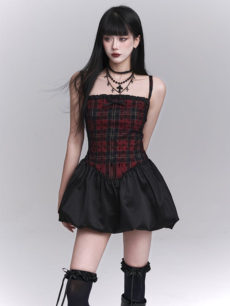 Red Plaid Basque Waist Mini Cami Dress Bubble Skirt
