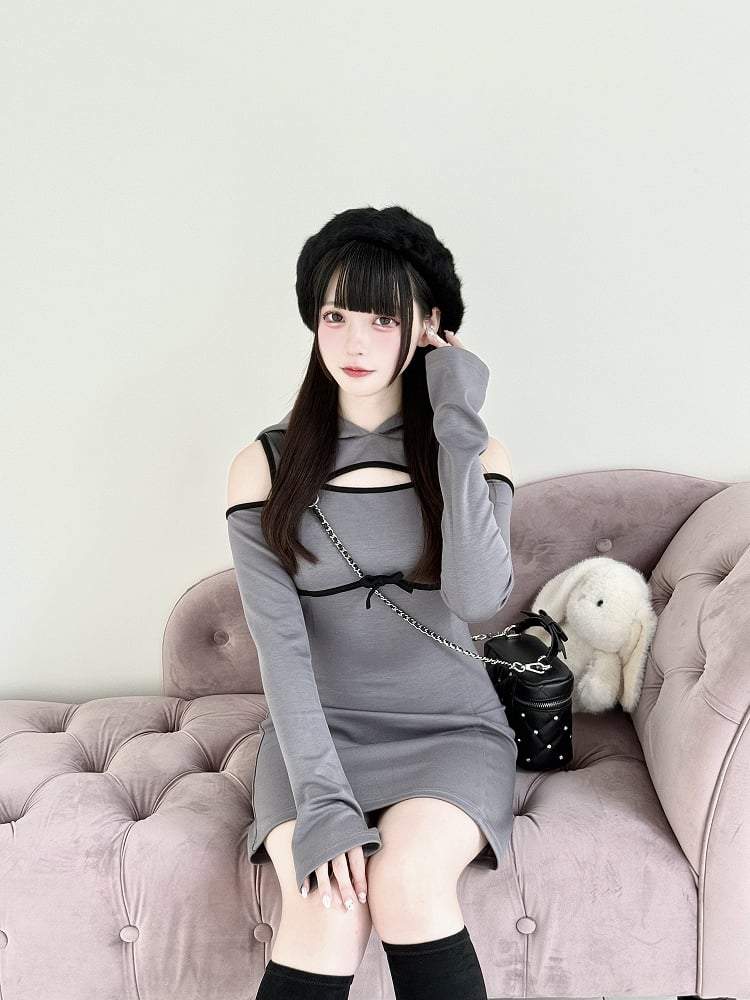 Jirai Hoodie Shoulder Gray Daywear Cutout Kei Above-Knee - Chest Dress