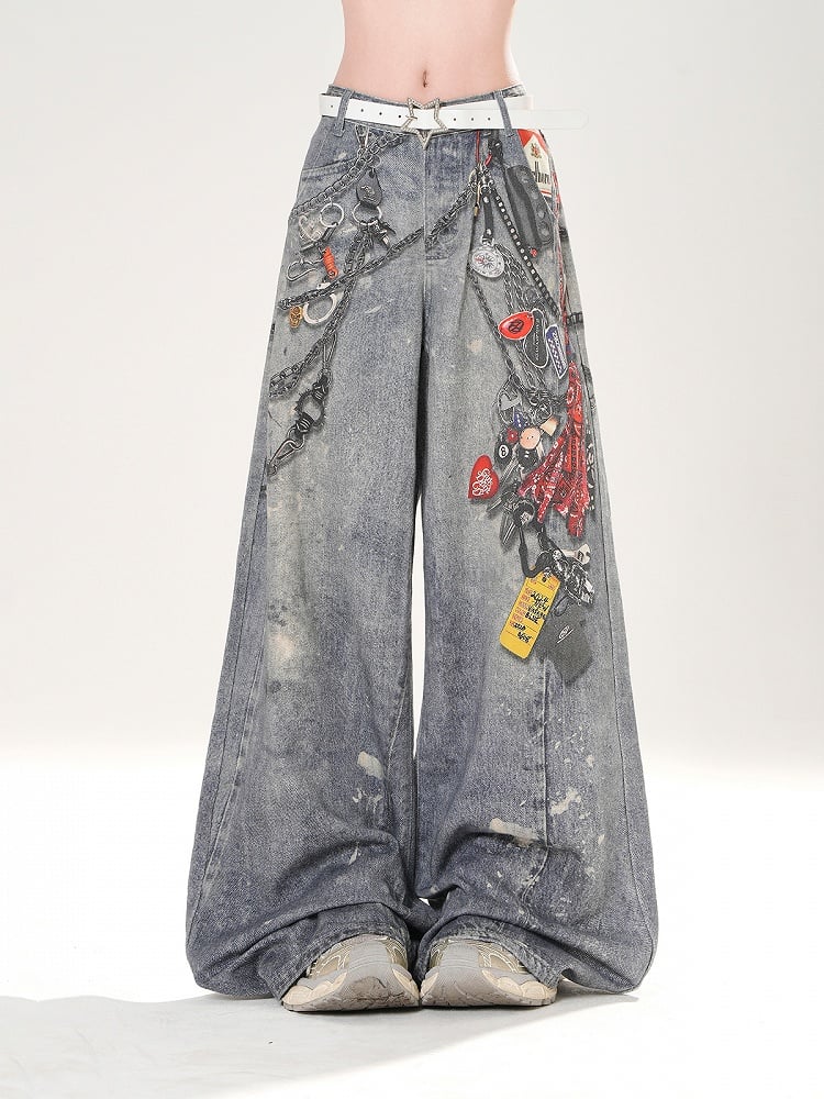 Blue Low Print Wide-leg Jeans Waist Spray Paint Chains