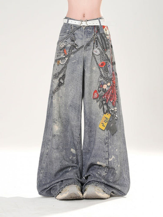 Blue Low Print Wide-leg Jeans Waist Spray Paint Chains