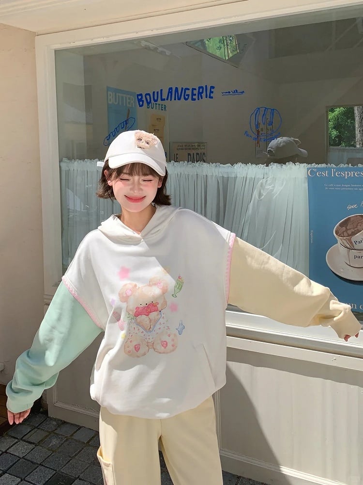 Autumn and Hem Green Yellow Colorblock Design Teddy Bear Print Drawstring Hoodie