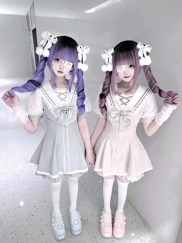 Set Pink/Light Blue Bow Shorts Back Sailor Collar Self-tie Mini Dress + Ruffled Light Hem Jirai Kei
